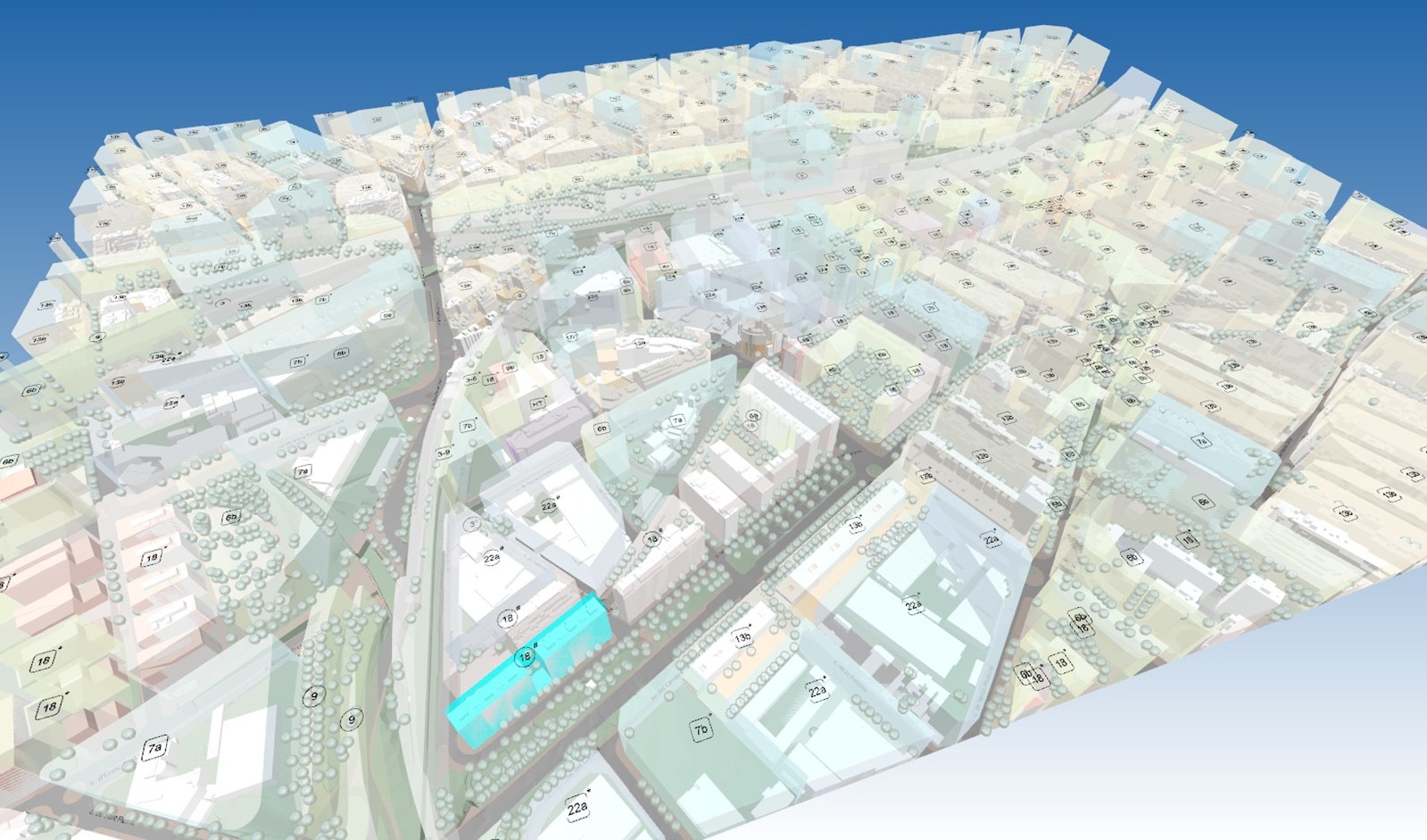 Use of BIM-IFC cartography with an added urban planning layer, where the built environment can be compared to planning regulations.